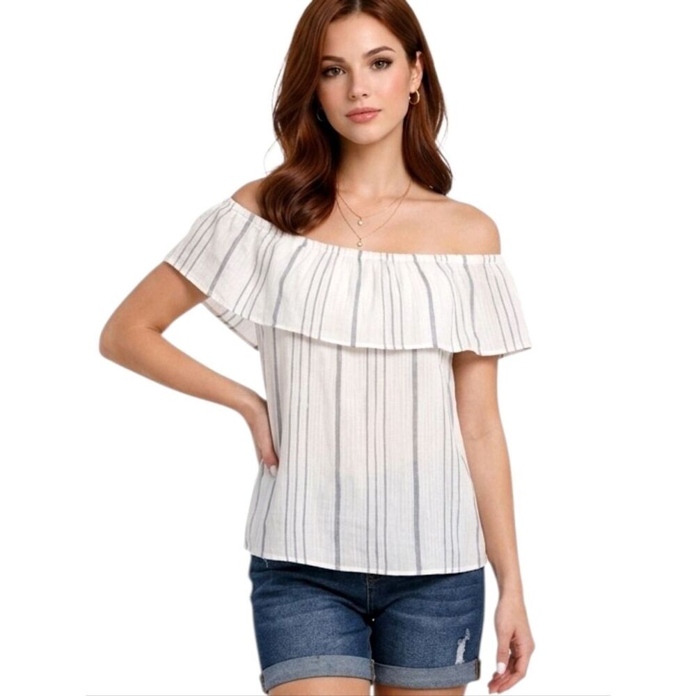 Vintage America Blues Off White & Blue Striped Two Way Neckline Blouse Size XL